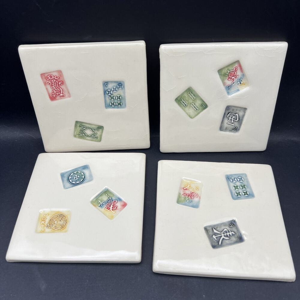 4 EJL ESTELLE JOY LYNN handmade ceramic Mahjong tile coaster Signed